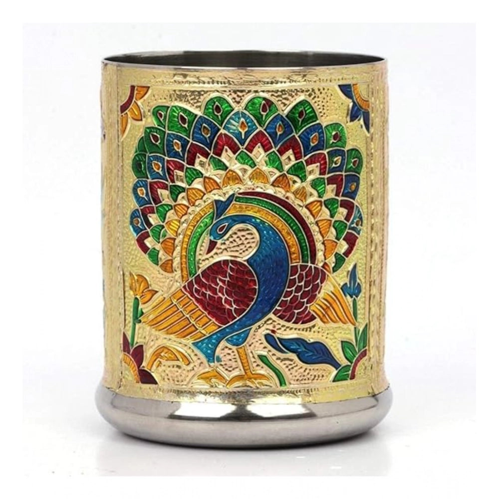 Gold Meenakari Peacock Design Decorative Steel Glass Set