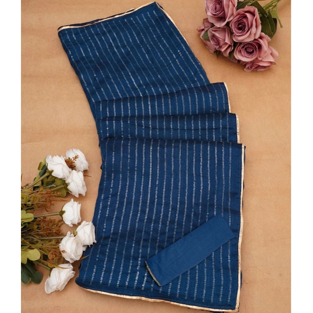 Generic Women's Vichitra Silk Striped Saree With Unstitched Blouse 5.5Mtr (Blue)
