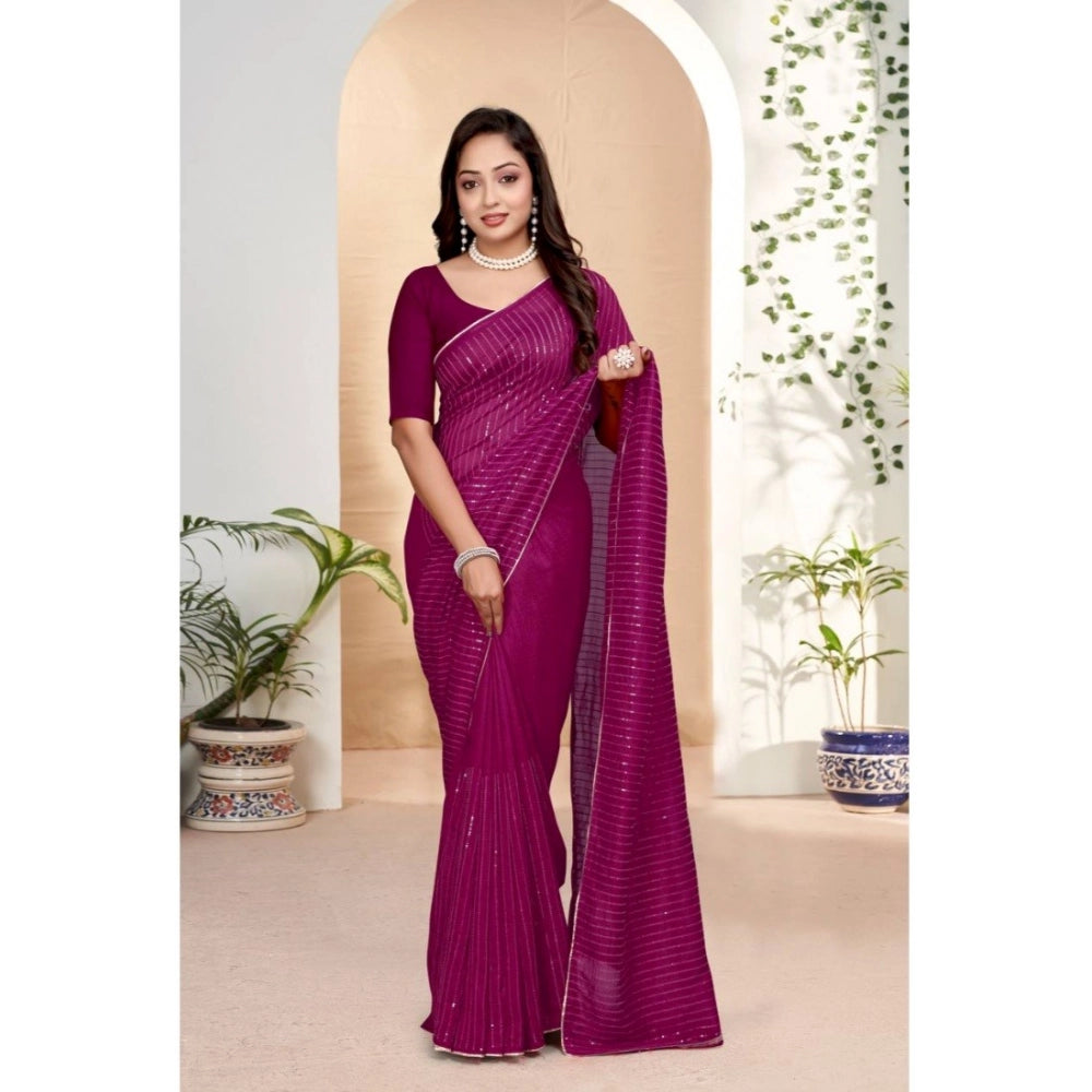 Generic Women's Vichitra Silk Striped Saree With Unstitched Blouse 5.5Mtr (Purple)