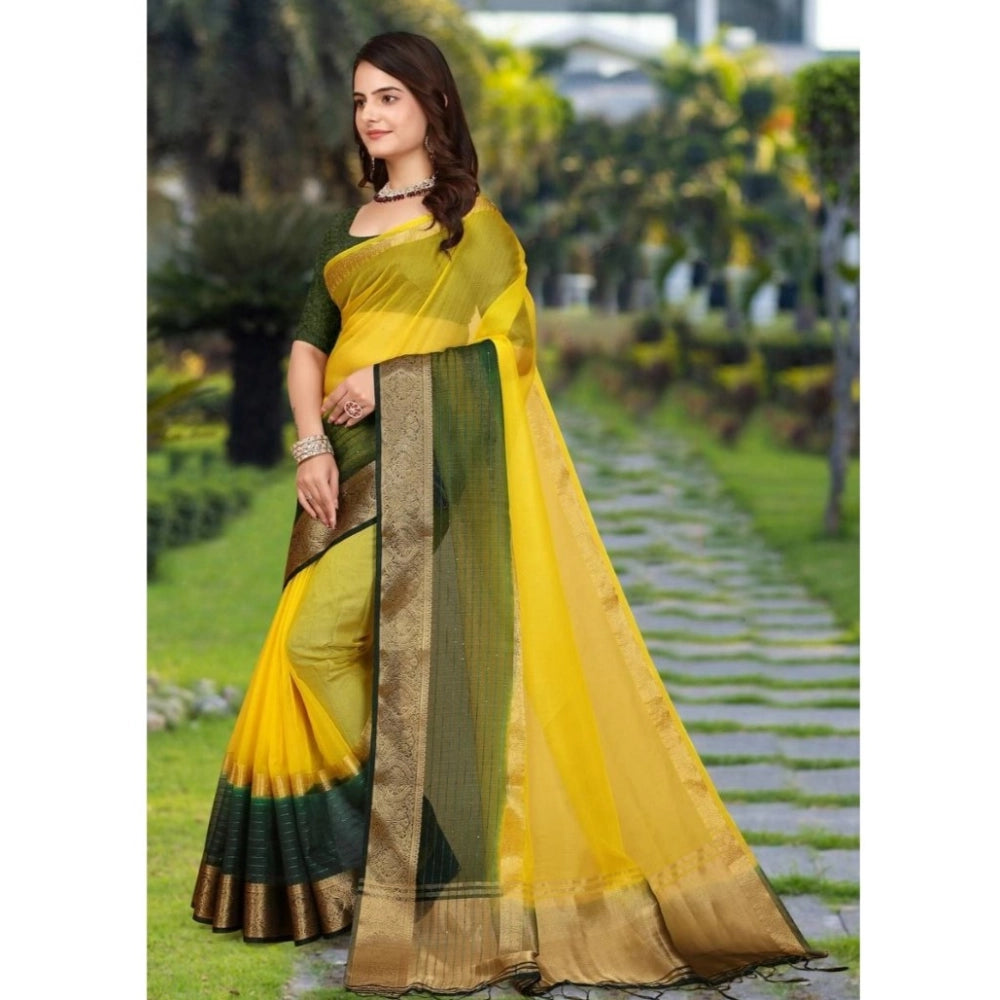 Generic Women's Khadi Cotton  Solid Saree With Unstitched Blouse 5.5Mtr (Yellow)