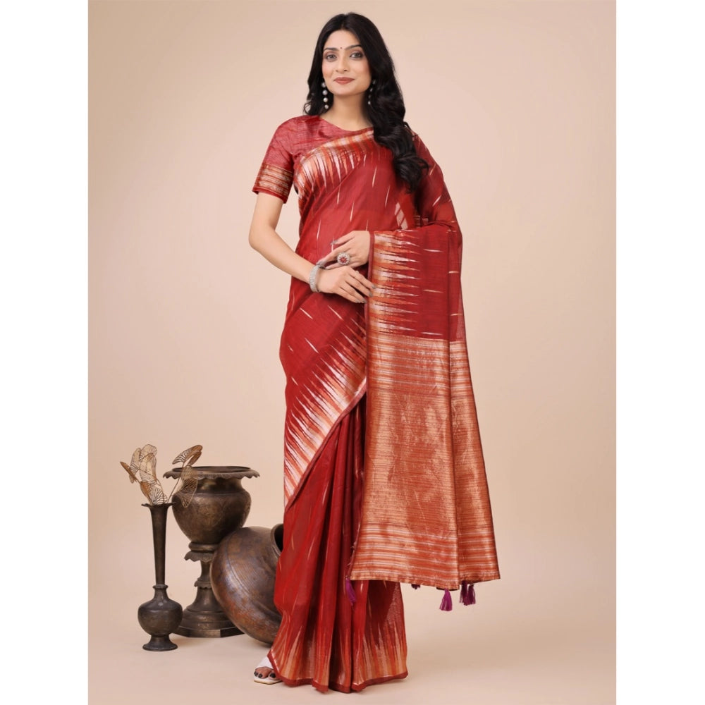 Generic Women's Linen Cotton Printed Saree With Unstitched Blouse 5.5Mtr (Red)
