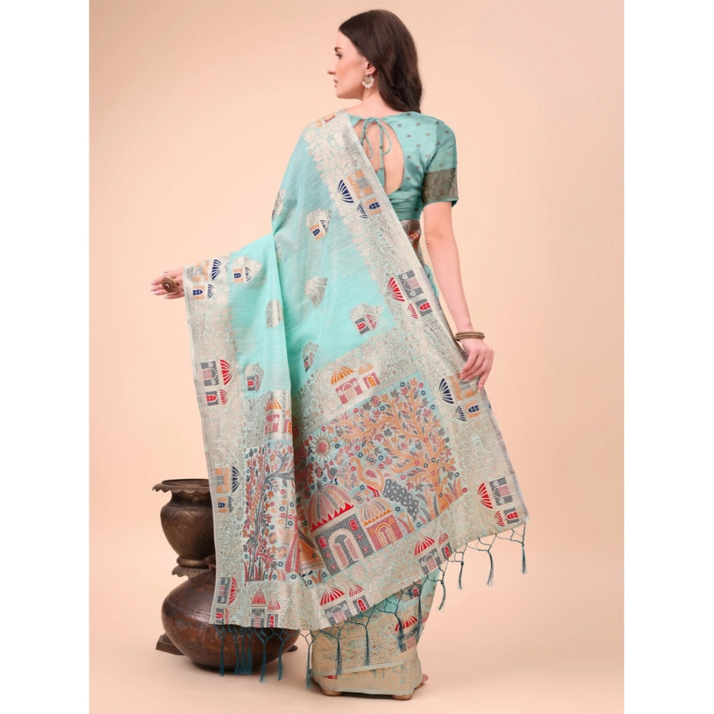 Generic Women's Linen Cotton Printed Saree With Unstitched Blouse 5.5Mtr (Sky Blue)