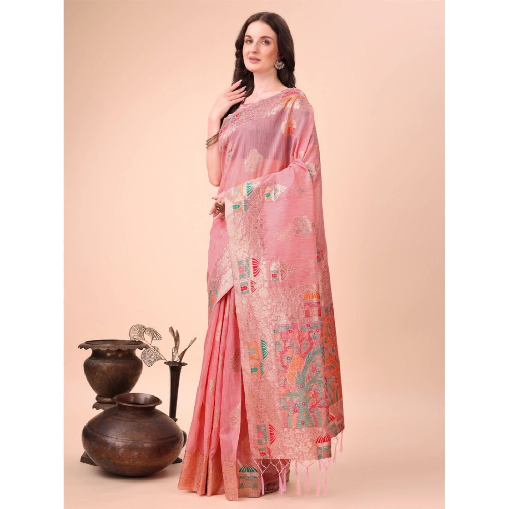 Generic Women's Linen Cotton Printed Saree With Unstitched Blouse 5.5Mtr (Pink)