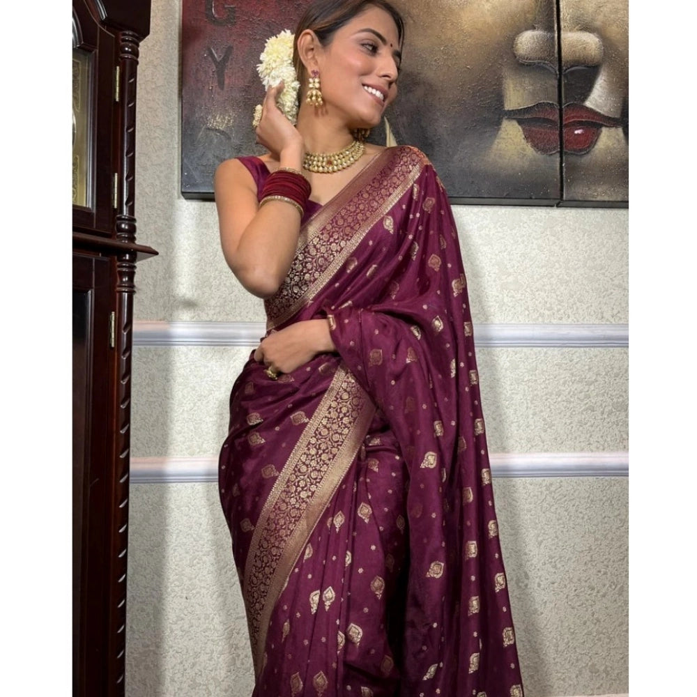 Generic Women's Silk Printed Saree With Unstitched Blouse 5.5Mtr (Wine)