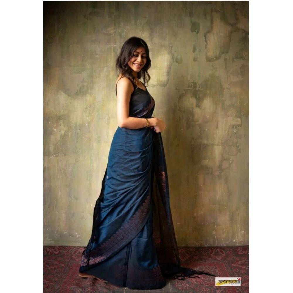 Generic Women's Silk Printed Saree With Unstitched Blouse 5.5Mtr (Navy Blue)