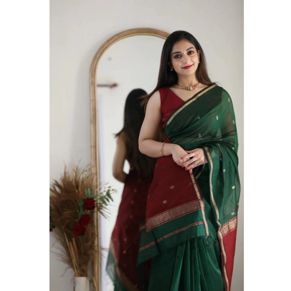 Generic Women's Cotton  Printed Saree With Unstitched Blouse 5.5Mtr (Dark Green)