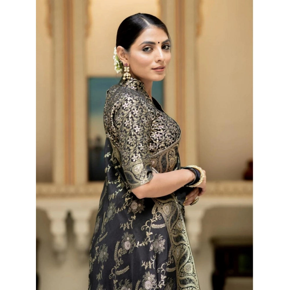 Generic Women's Silk Printed Saree With Unstitched Blouse 5.5Mtr (Black)