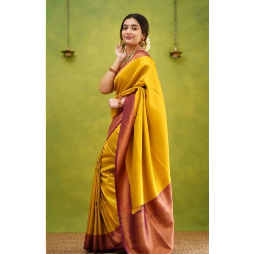 Generic Women's Silk Printed Saree With Unstitched Blouse 5.5Mtr (Yellow)