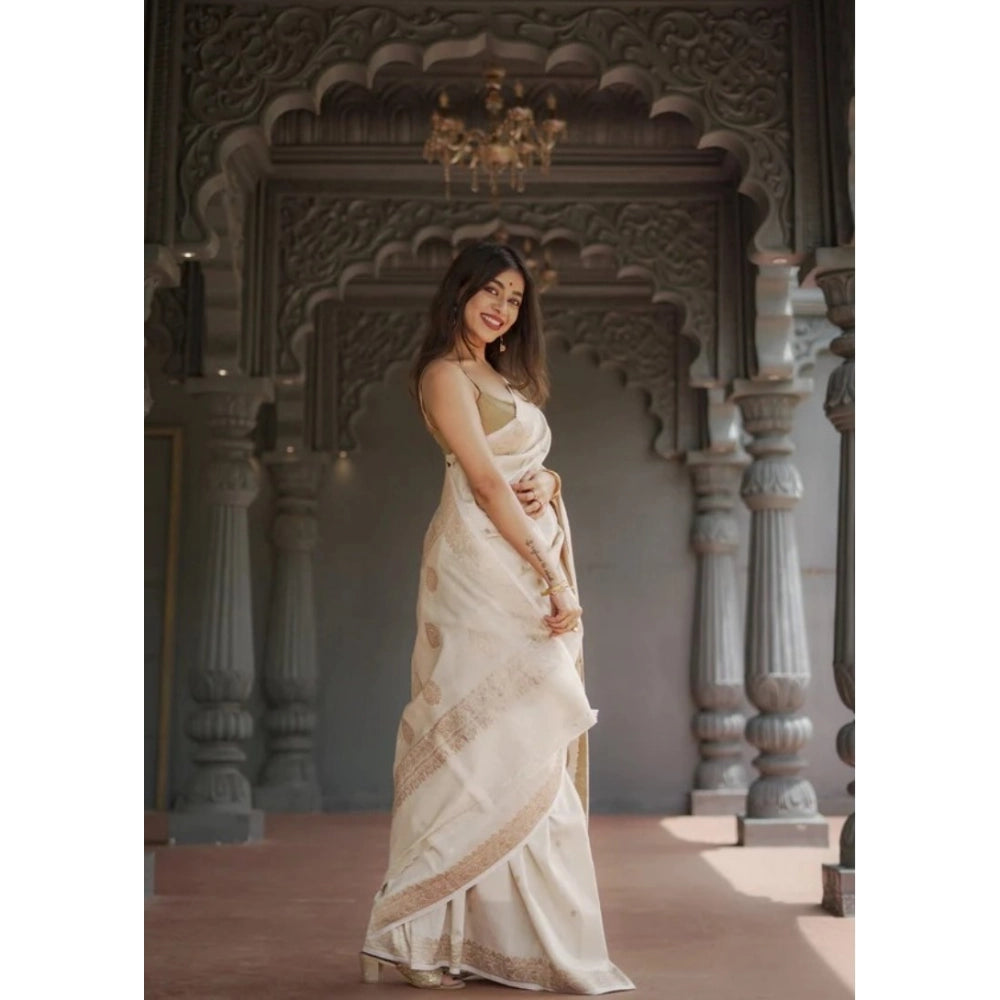 Generic Women's Cotton  Printed Saree With Unstitched Blouse 5.5Mtr (Cream)