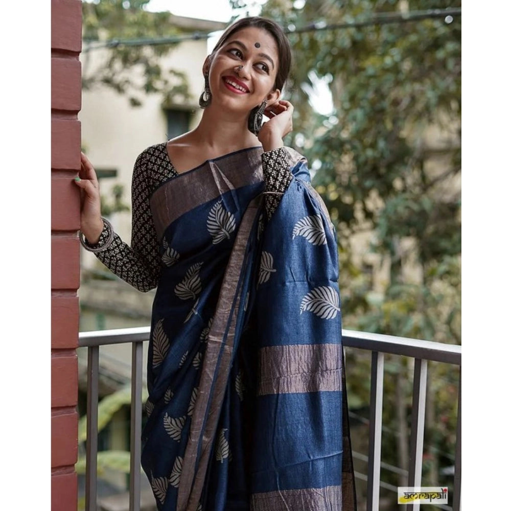 Generic Women's Silk Printed Saree With Unstitched Blouse 5.5Mtr (Navy Blue)