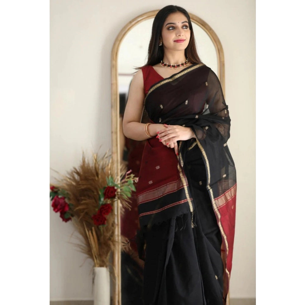 Generic Women's Cotton  Printed Saree With Unstitched Blouse 5.5Mtr (Black)
