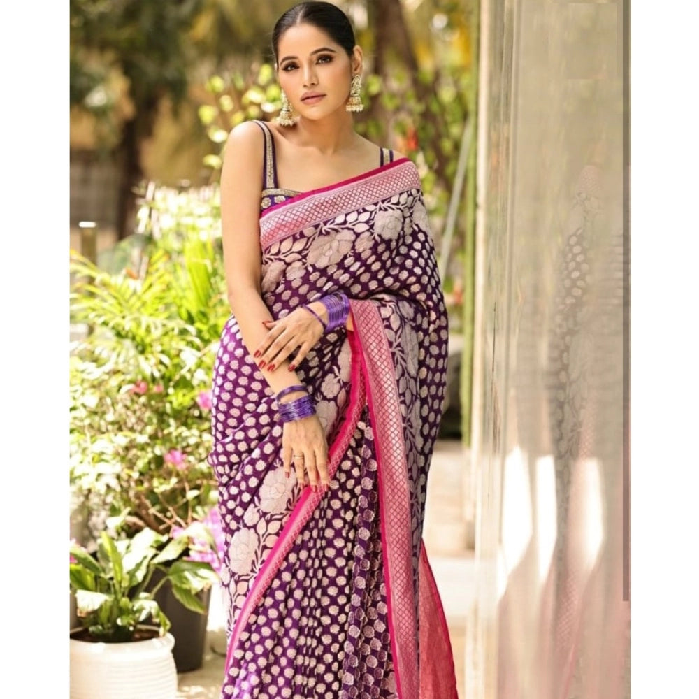 Generic Women's Silk Printed Saree With Unstitched Blouse 5.5Mtr (Purple)
