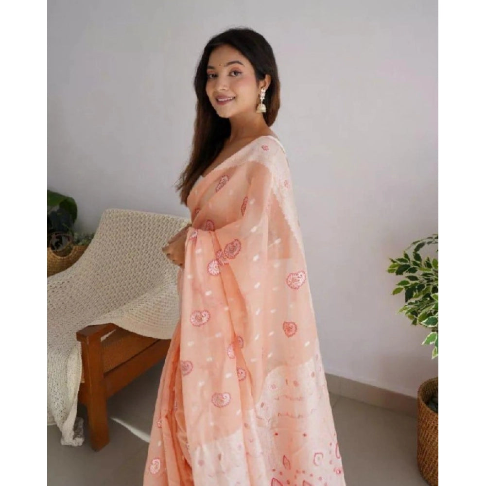Generic Women's Cotton  Printed Saree With Unstitched Blouse 5.5Mtr (Peach)