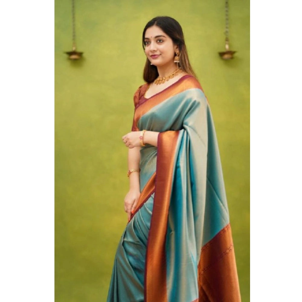Generic Women's Silk Printed Saree With Unstitched Blouse 5.5Mtr (Rama)