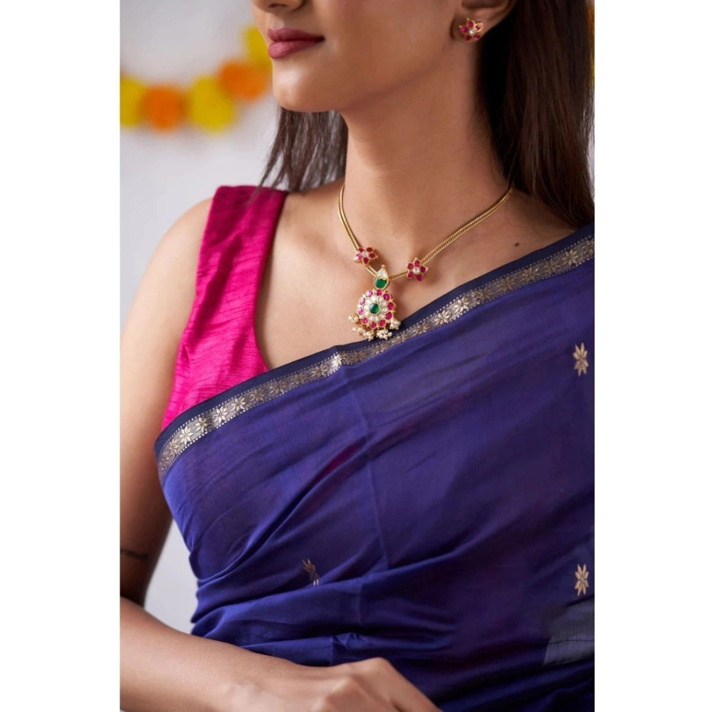 Generic Women's Cotton  Printed Saree With Unstitched Blouse 5.5Mtr (Blue)