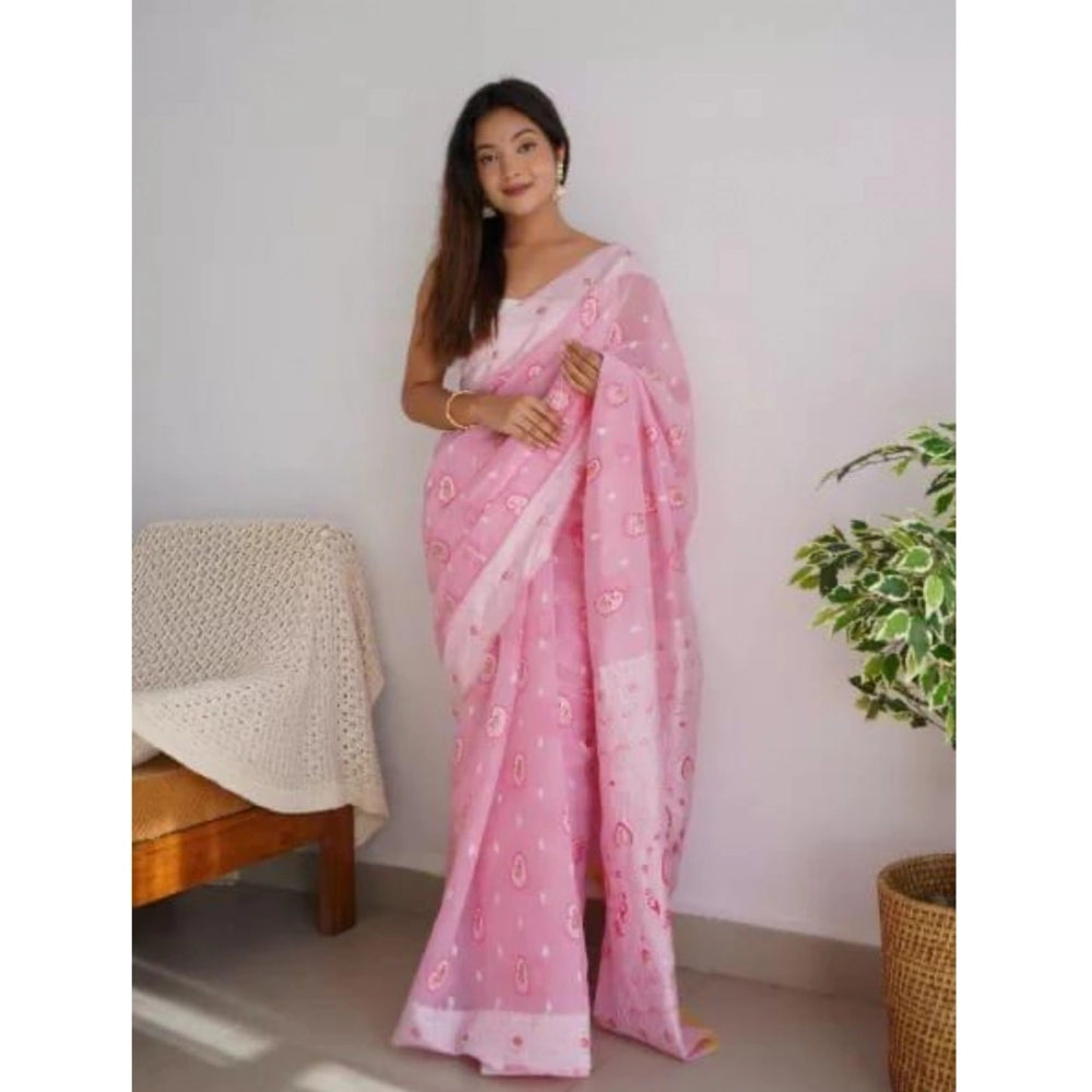 Generic Women's Cotton  Printed Saree With Unstitched Blouse 5.5Mtr (Pink)