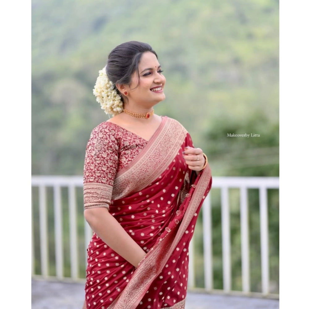 Generic Women's Silk Printed Saree With Unstitched Blouse 5.5Mtr (Maroon)