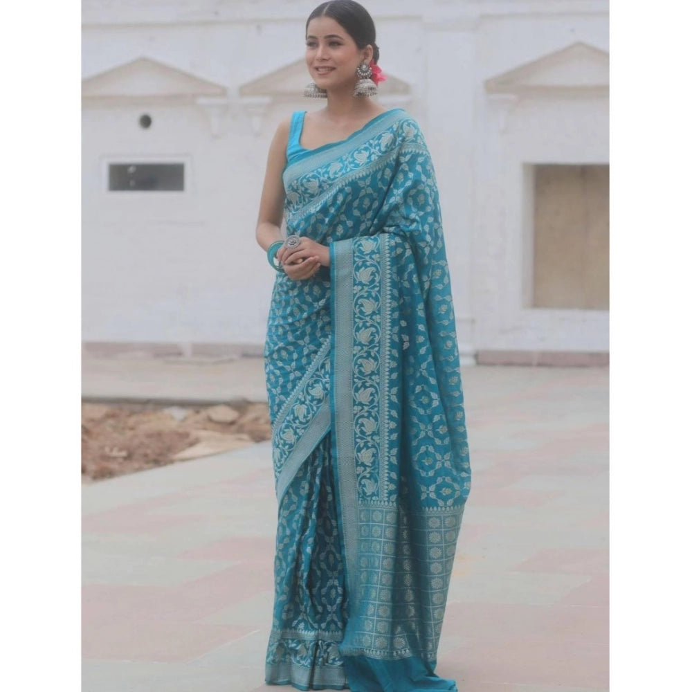 Generic Women's Silk Printed Saree With Unstitched Blouse 5.5Mtr (Sky Blue)