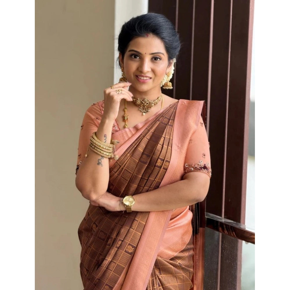 Generic Women's Silk Printed Saree With Unstitched Blouse 5.5Mtr (Brown)