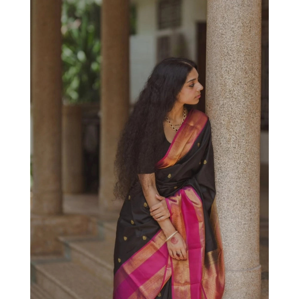 Generic Women's Silk Printed Saree With Unstitched Blouse 5.5Mtr (Black-Pink)