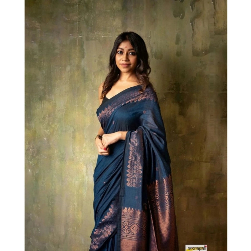 Generic Women's Silk Printed Saree With Unstitched Blouse 5.5Mtr (Navy Blue)