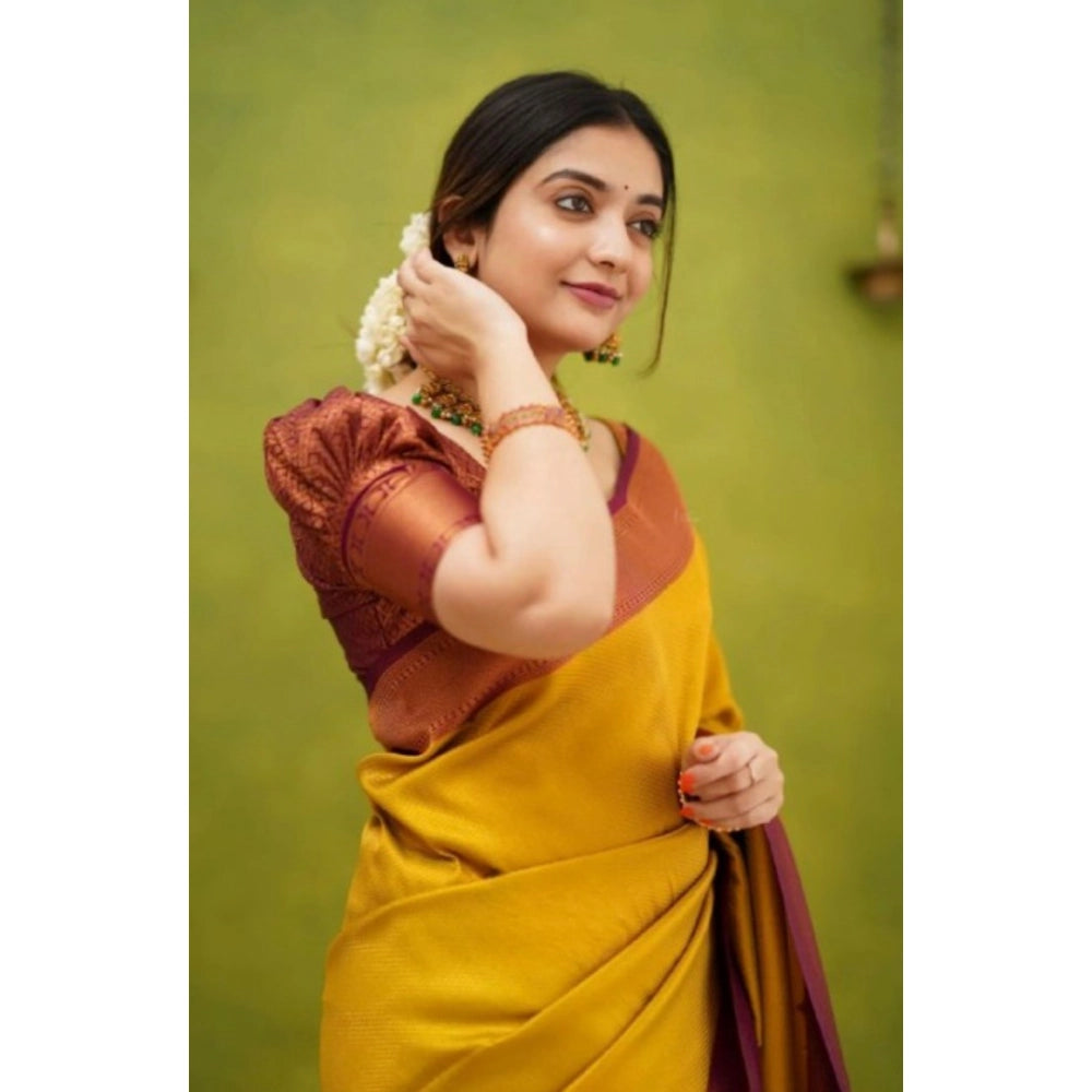Generic Women's Silk Printed Saree With Unstitched Blouse 5.5Mtr (Yellow)