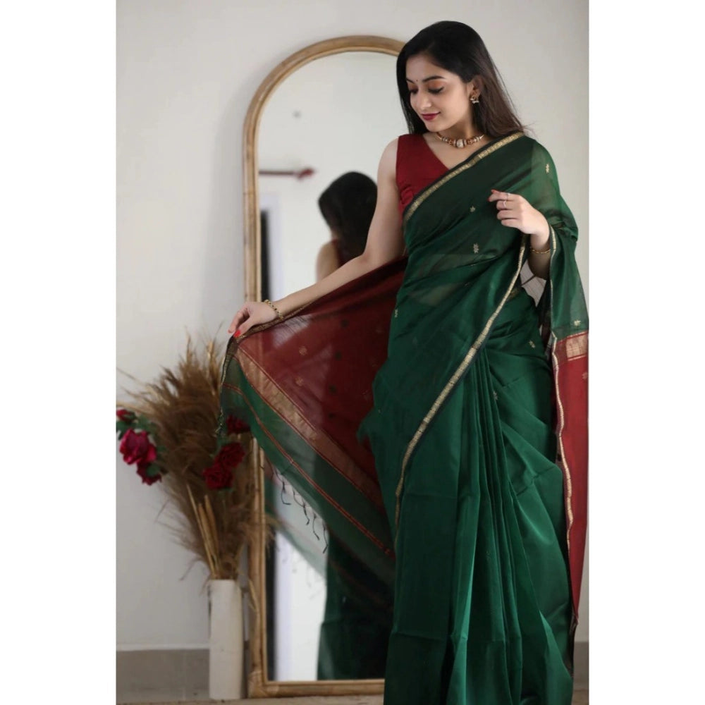 Generic Women's Cotton  Printed Saree With Unstitched Blouse 5.5Mtr (Dark Green)