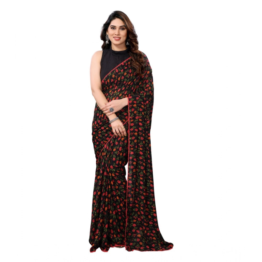 Women's Black Small Lace Georgette Printed Ready-to-Wear Saree With Unstitched Blouse 5.5 Mtr