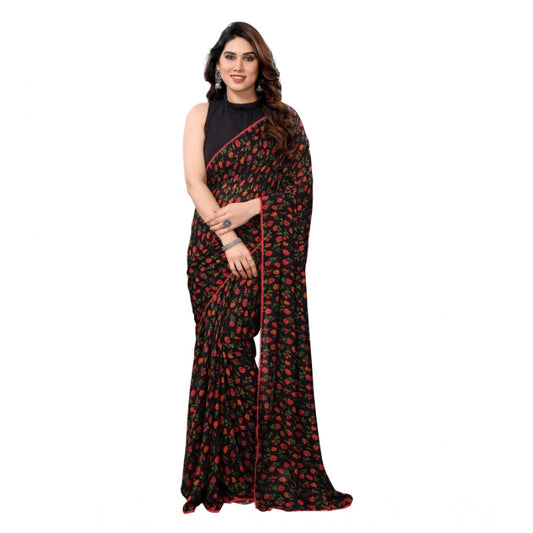 Women's Black Small Lace Georgette Printed Ready-to-Wear Saree With Unstitched Blouse 5.5 Mtr