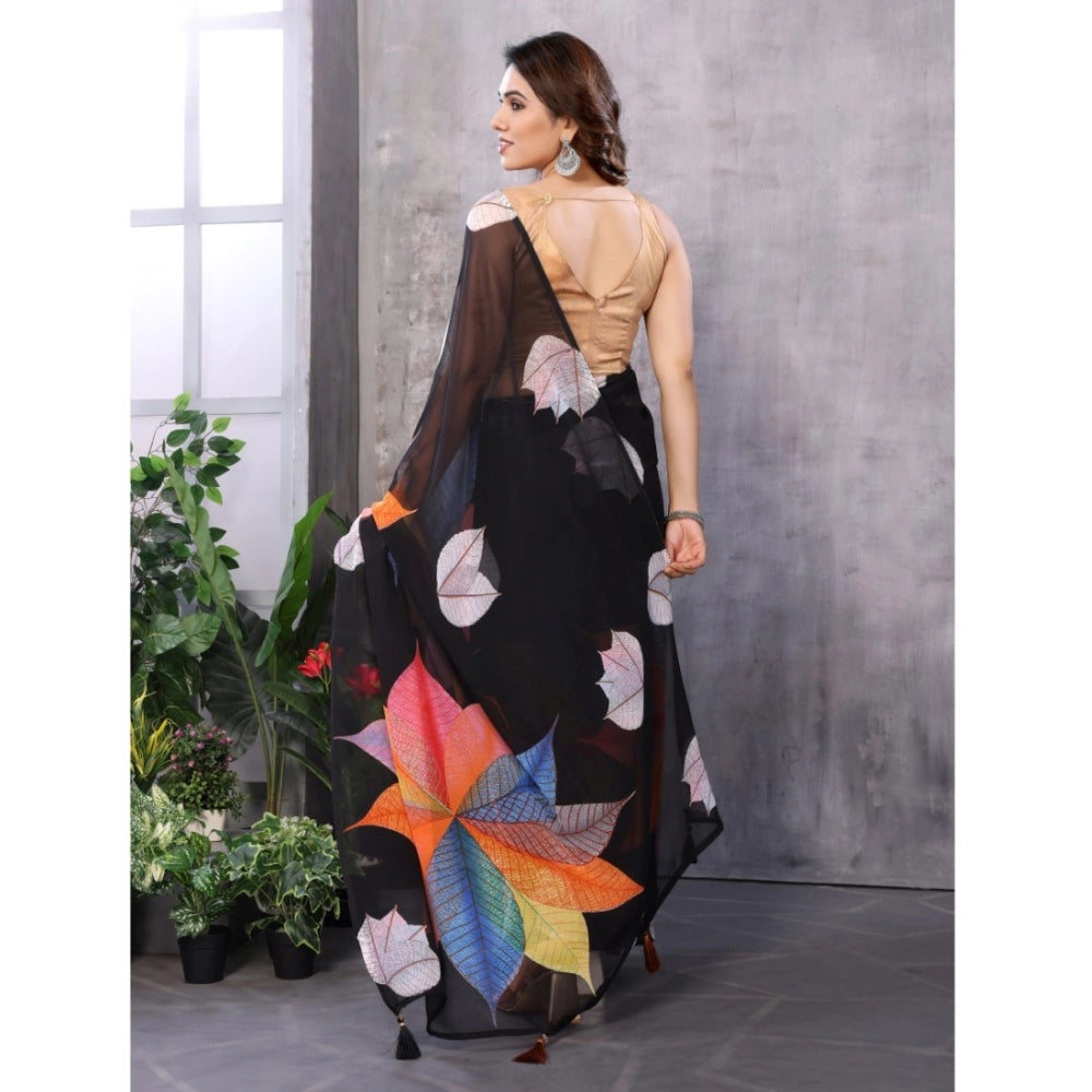 Women's Black Small Lace Georgette Printed Ready-to-Wear Saree With Unstitched Blouse 5.5 Mtr