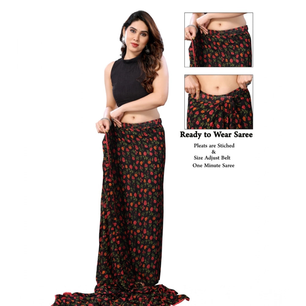 Women's Black Small Lace Georgette Printed Ready-to-Wear Saree With Unstitched Blouse 5.5 Mtr