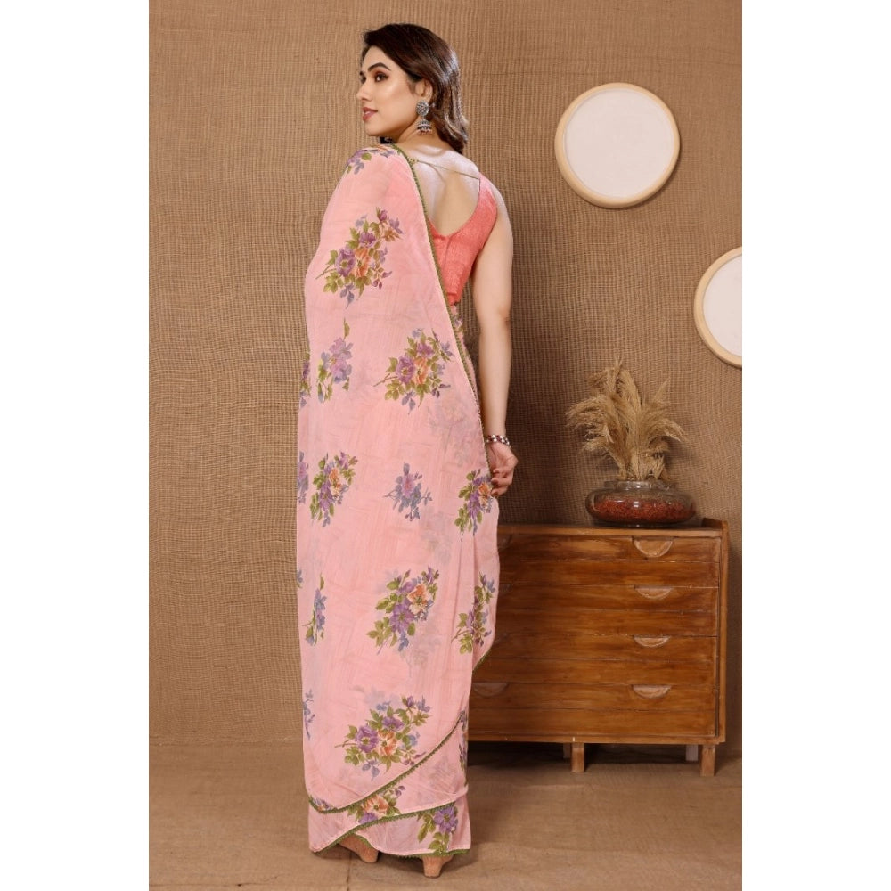 Women's Peach Small Lace Georgette Printed Ready-to-Wear Saree With Unstitched Blouse 5.5 Mtr