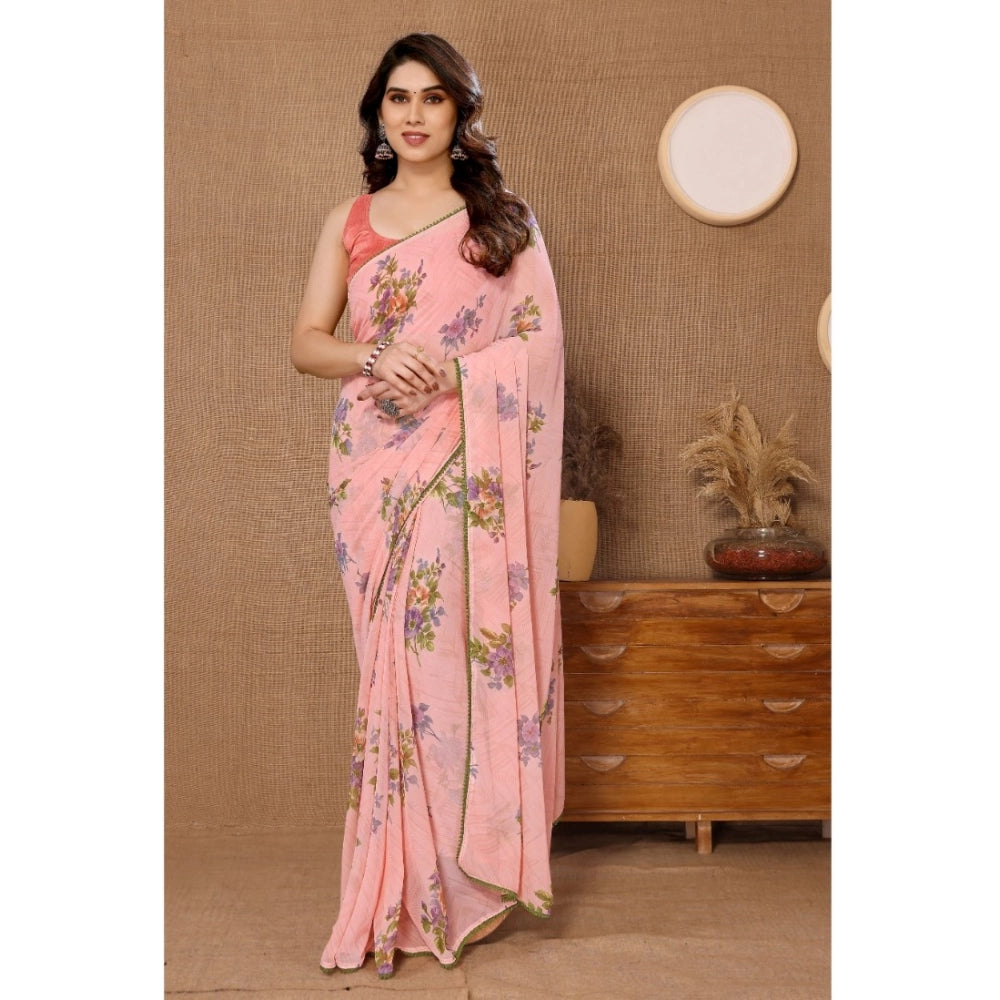 Women's Peach Small Lace Georgette Printed Ready-to-Wear Saree With Unstitched Blouse 5.5 Mtr