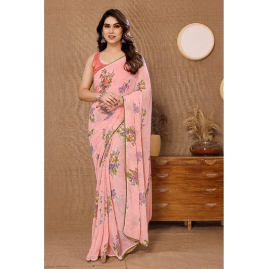 Women's Peach Small Lace Georgette Printed Ready-to-Wear Saree With Unstitched Blouse 5.5 Mtr