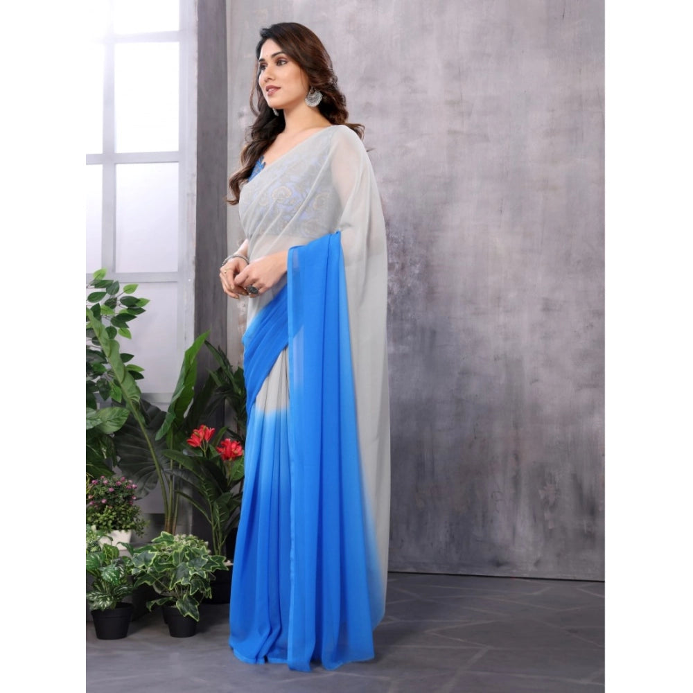 Generic Women's Small Lace Georgette Solid Ready-to-Wear Saree With Unstitched Blouse 5.5 Mtr (Grey-Blue)