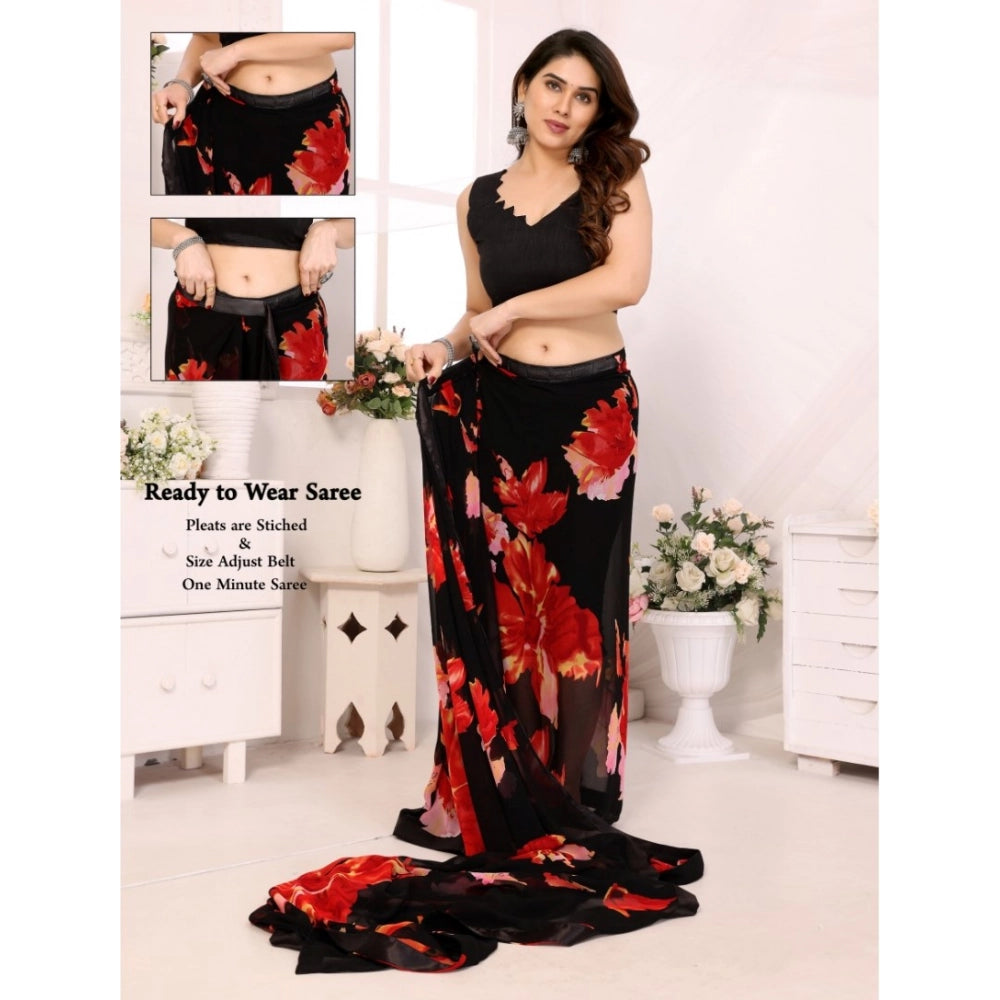 Women's Black-Red Small Lace Georgette Printed Ready-to-Wear Saree With Unstitched Blouse 5.5 Mtr