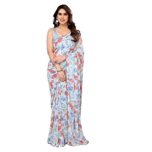 Women's Sky Blue Small Lace Georgette Printed Ready-to-Wear Saree With Unstitched Blouse 5.5 Mtr
