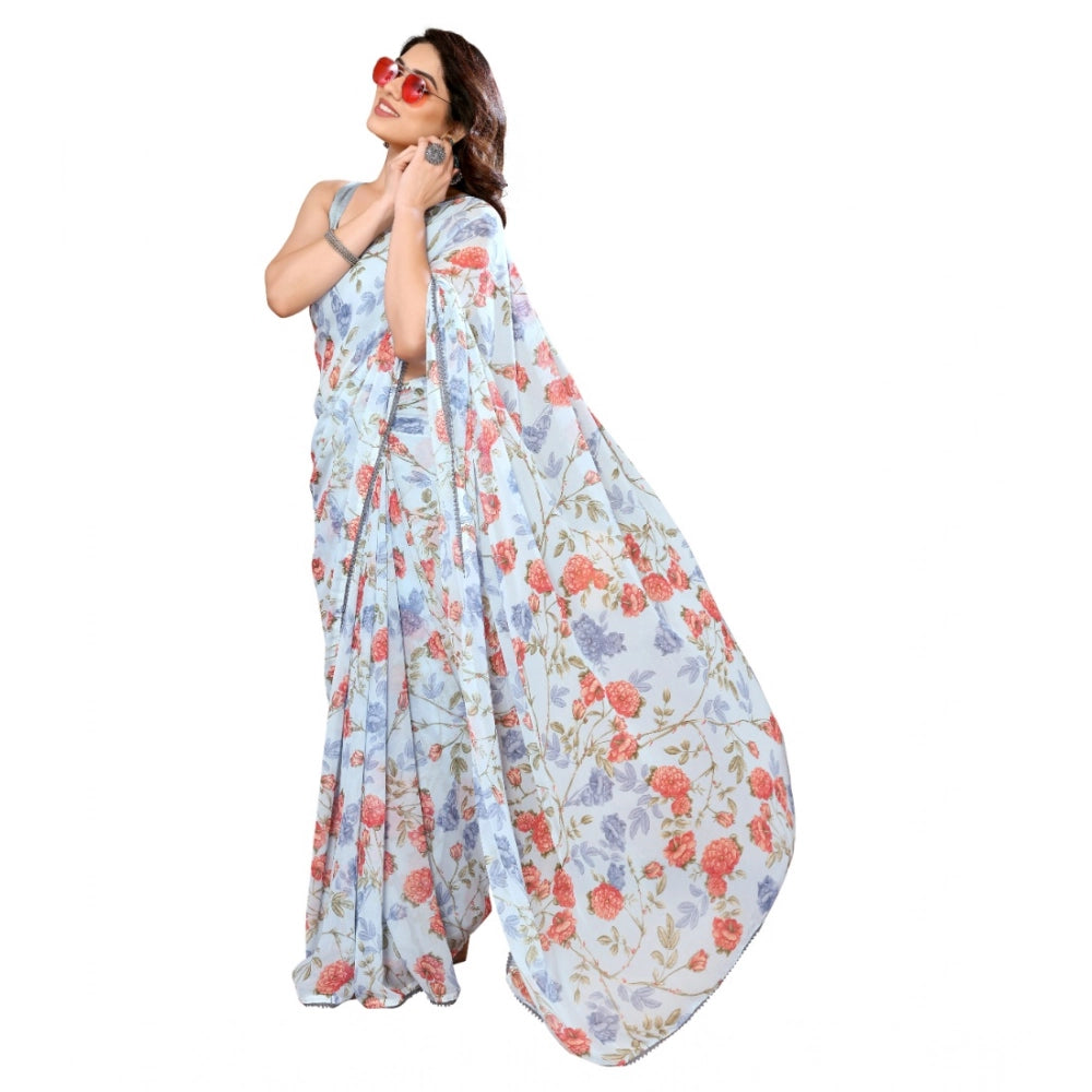 Women's Sky Blue Small Lace Georgette Printed Ready-to-Wear Saree With Unstitched Blouse 5.5 Mtr