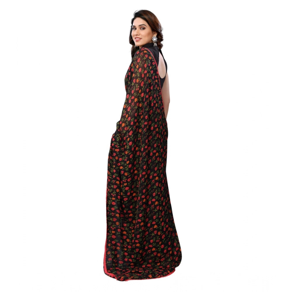 Women's Black Small Lace Georgette Printed Ready-to-Wear Saree With Unstitched Blouse 5.5 Mtr