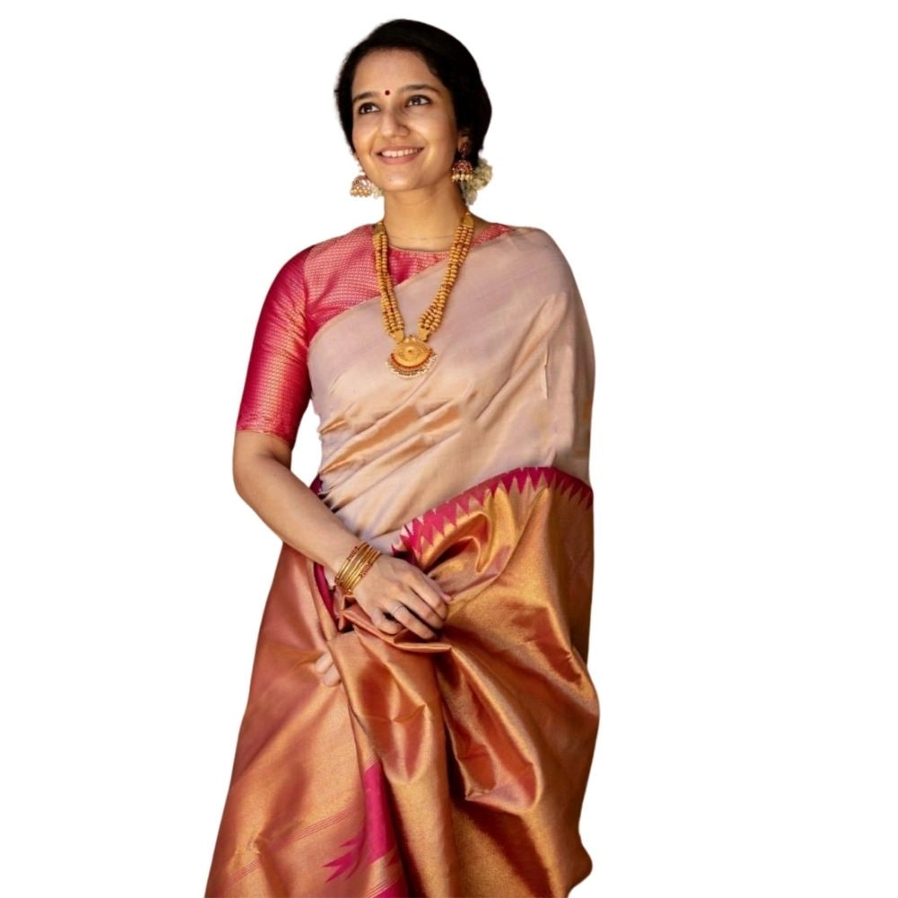 Generic Women's Silk Printed Saree With Unstitched Blouse 5.5Mtr (Cream)