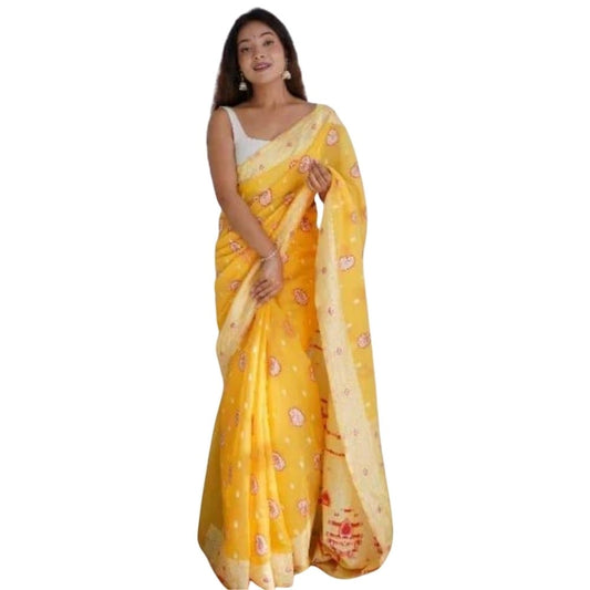 Generic Women's Cotton  Printed Saree With Unstitched Blouse 5.5Mtr (Yellow)
