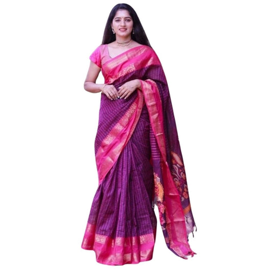 Generic Women's Silk Printed Saree With Unstitched Blouse 5.5Mtr (Purple)