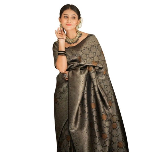 Generic Women's Silk Printed Saree With Unstitched Blouse 5.5Mtr (Black)