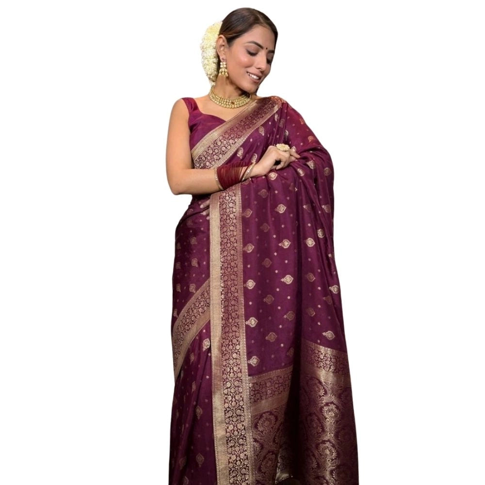 Generic Women's Silk Printed Saree With Unstitched Blouse 5.5Mtr (Wine)