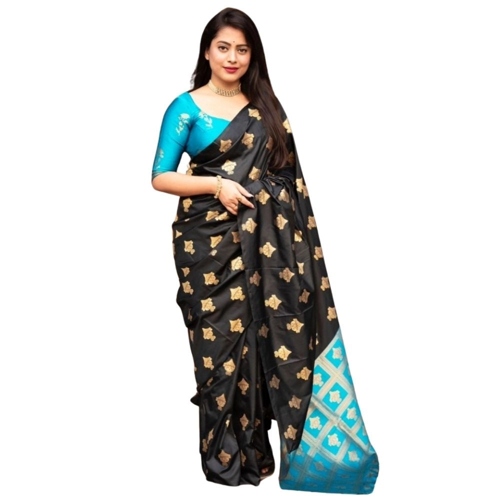 Generic Women's Silk Printed Saree With Unstitched Blouse 5.5Mtr (Sky Blue)