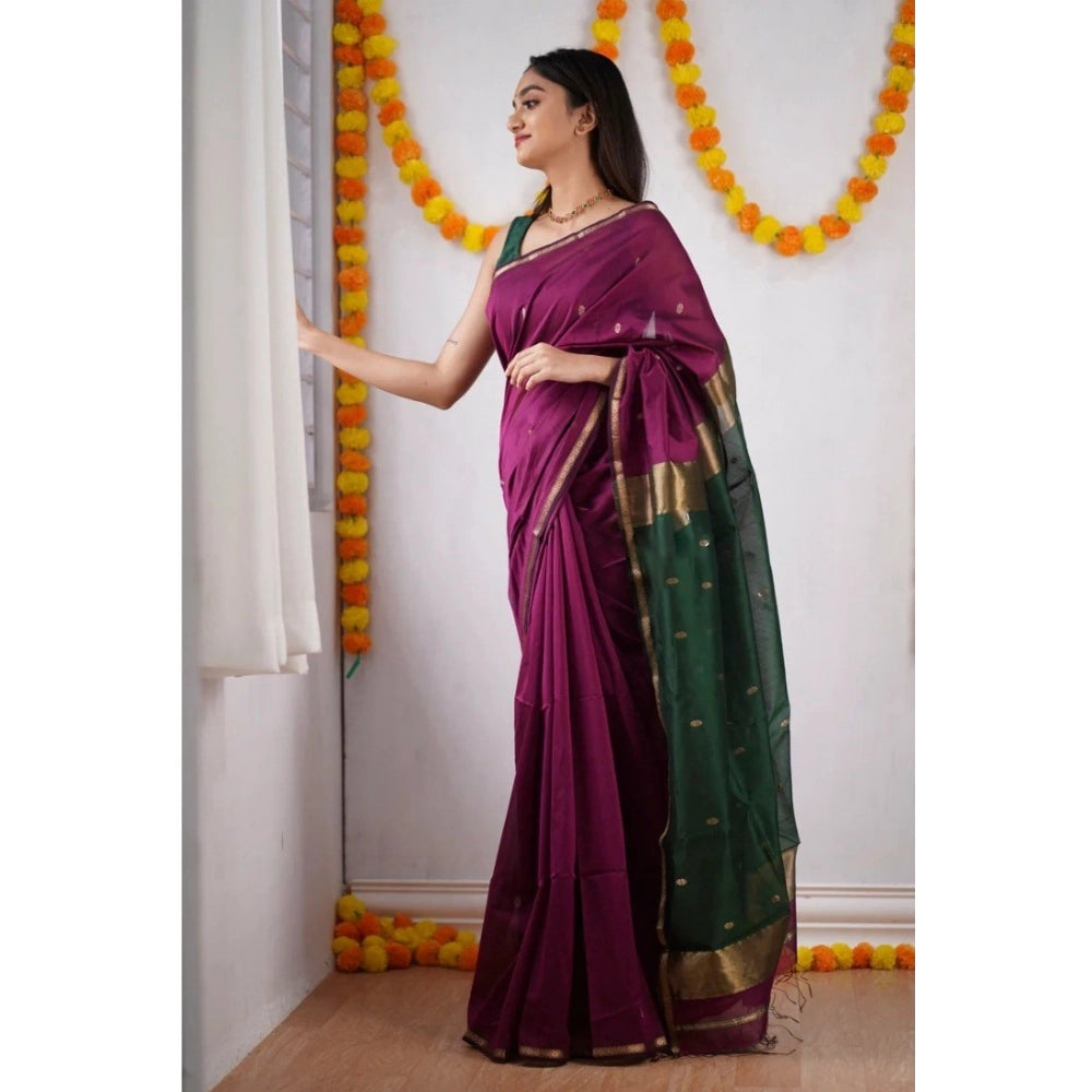 Generic Women's Cotton  Printed Saree With Unstitched Blouse 5.5Mtr (Wine)