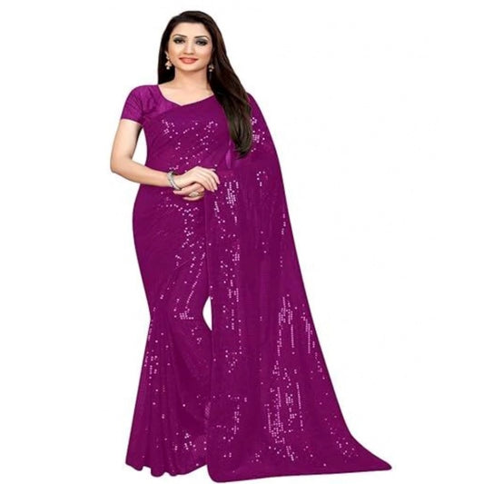 Generic Women's Georgette Embellished Sequnece Bollywood Saree With Unstitched Blouse 5.5Mtr (Purple)
