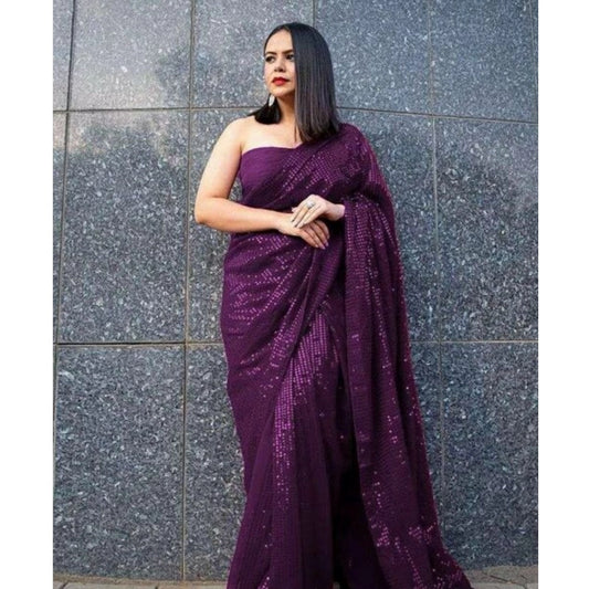 Generic Women's Georgette Embellished Sequnece Bollywood Saree With Unstitched Blouse 5.5Mtr (Purple)
