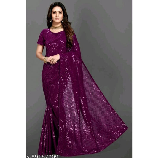 Generic Women's Georgette Embellished Sequnece Bollywood Saree With Unstitched Blouse 5.5Mtr (Purple)