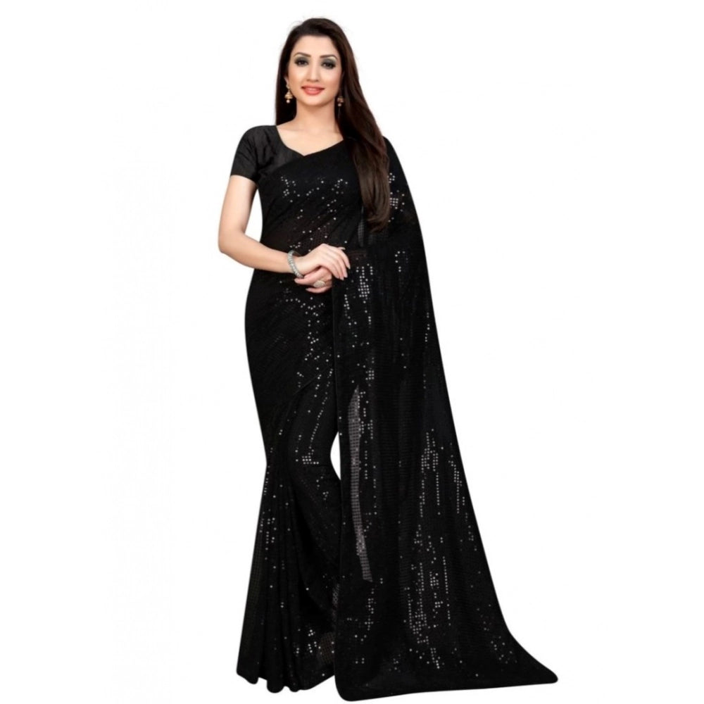 Generic Women's Georgette Embellished Sequnece Bollywood Saree With Unstitched Blouse 5.5Mtr (Black)
